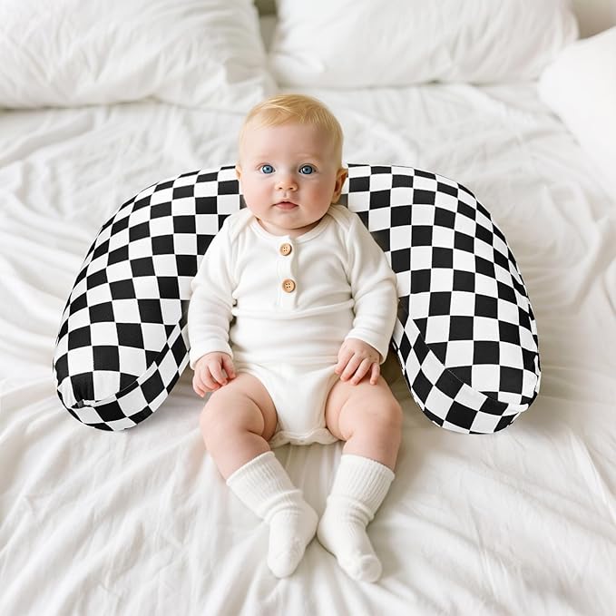 DILIMI Nursing Pillow Cover, Soft Stretchy Nursing Cover for New-Designed Breastfeeding Pillow, Removable Slipover for Baby Boy and Girls, Black Checkered Only Cover