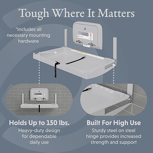 Foundations Elements Horizontal Wall Mounted Baby Diaper Changing Station & Liner Dispenser, Oversized Changing Surface, One Person Installation, Gray (300-EHLD-01)