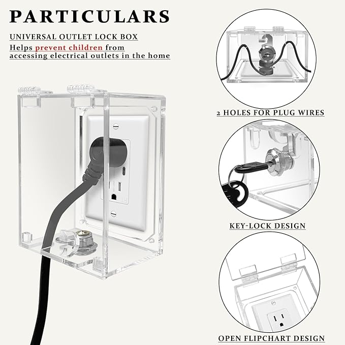 Infant Safety Outlet Lock Box, wall Outlet Lock Box, Lock Box for Electrical outlets with outlets, Easy to Install, Accommodates Most Plugs and adapters 4.95“ X 3.35” X 2.56” or Smaller