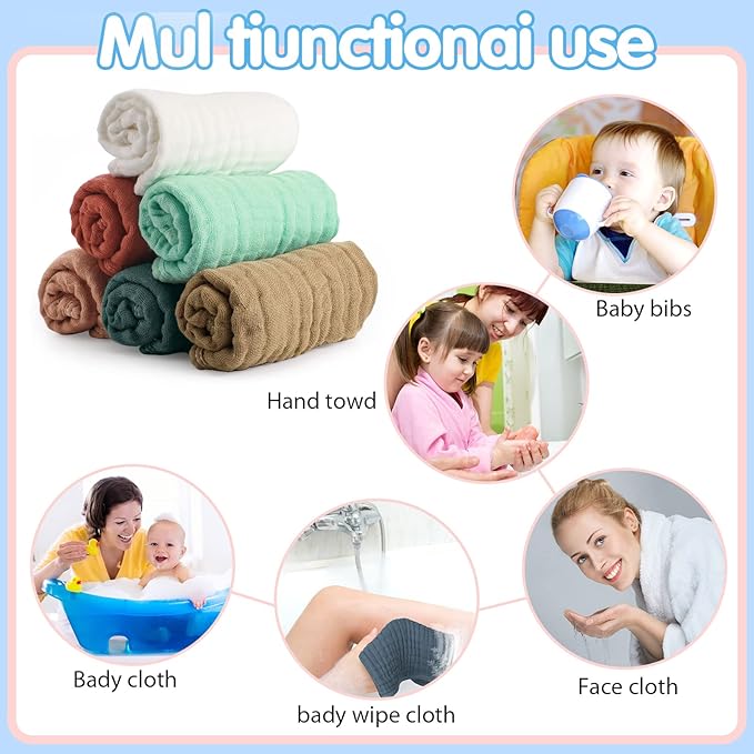 Hicarer 6 Pcs Girl Muslin Burp Cloths Cotton Burping Spit Rags Large 20 x 10 Inch 6 Layers Newborn Soft Absorbent Multicolor Wash Cloths Diapers for Baby Shower(Cute Color Series)