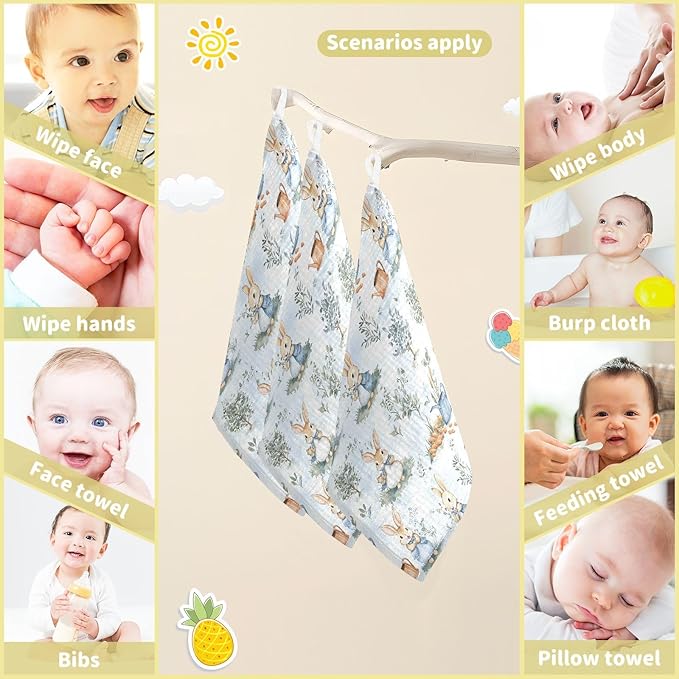 vvfelixl Baby Muslin Washcloths Peter Bunny Friend Baby Burp Cloths Cotton Babys Face Towel for Infants Soft 11.8 X 11.8 in, 3 Pack