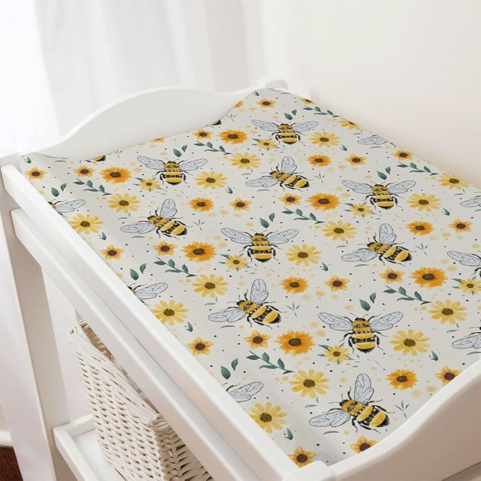 Watercolor Bees Boho Sunflowers Leaves Baby Changing Pad Covers for Boy Girl 32''x16'' Bees Retro Floral Fitted Changing Pad Sheets Bees Soft Diaper Change Table Mats