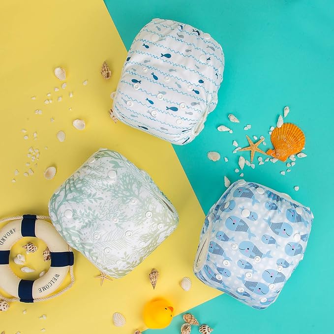 ALVABABY 3pcs Swim Diapers Baby & Toddler Snap One Size Reusable Adjustable Baby Boy Large Fish&sea-Plant 3ZSWY02