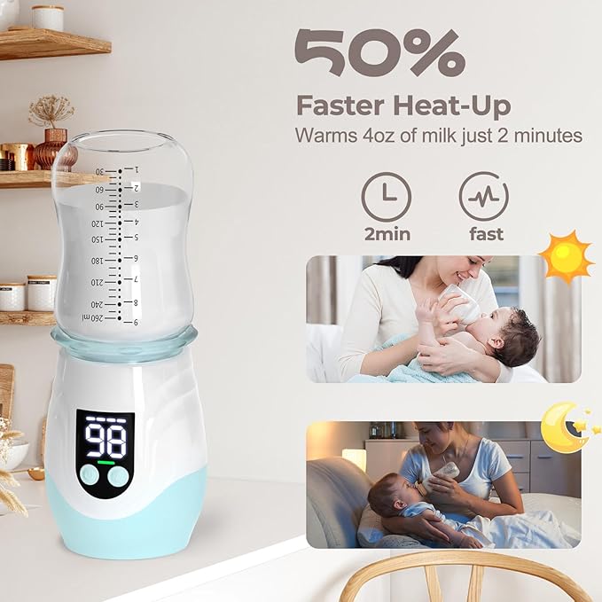 Portable Bottle Warmer for Travel, Cordless Baby Bottle Warmer, Rechargeable Bottle Warmer with 8 Adapters, 1 Milk Powder Container, Compatible with Most Bottle, Fast Heating, Blue