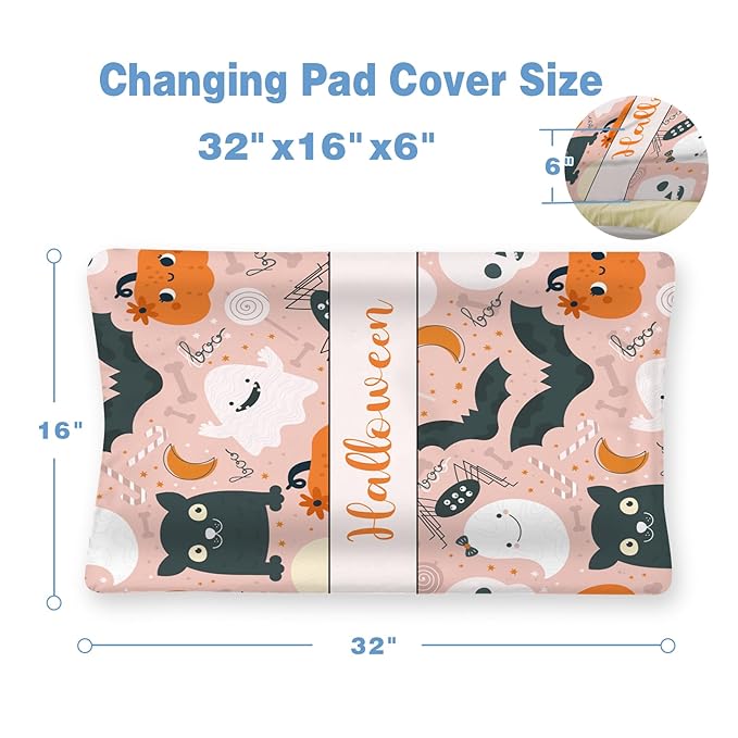 KAINSY Personalized Halloween Pumpkin Print Changing Pad Cover, Custom Diaper Change Table Sheets with Name, Pink Ghost Soft Jersey Knit Change Table Sheets, 2 Pack Changing Pad Covers (16" x 32")