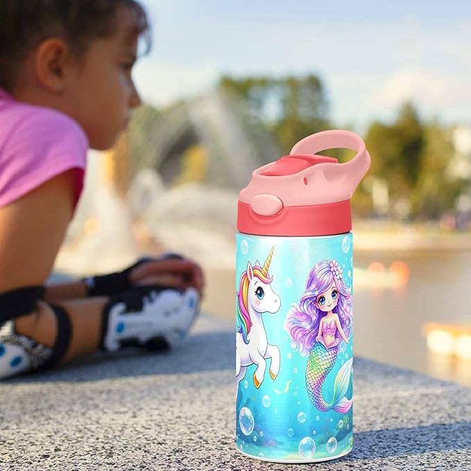 Unicorn Cat with Wings Insulated Water Bottle 20 oz with Straw and Carry Handle Galaxy Space Stars Boys Girls Bottle Vacuum Stainless Steel Bottles Leak-Proof for Sports Travel and School