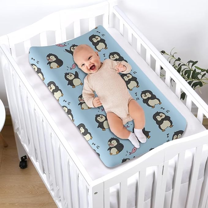 ZDCUSTOM Penguin Pattern Changing Pad Cover for Baby Girls Boys Changing Pad Cover for Baby Girls Boys Stretchy Changing Pad Covers Soft & Breathable