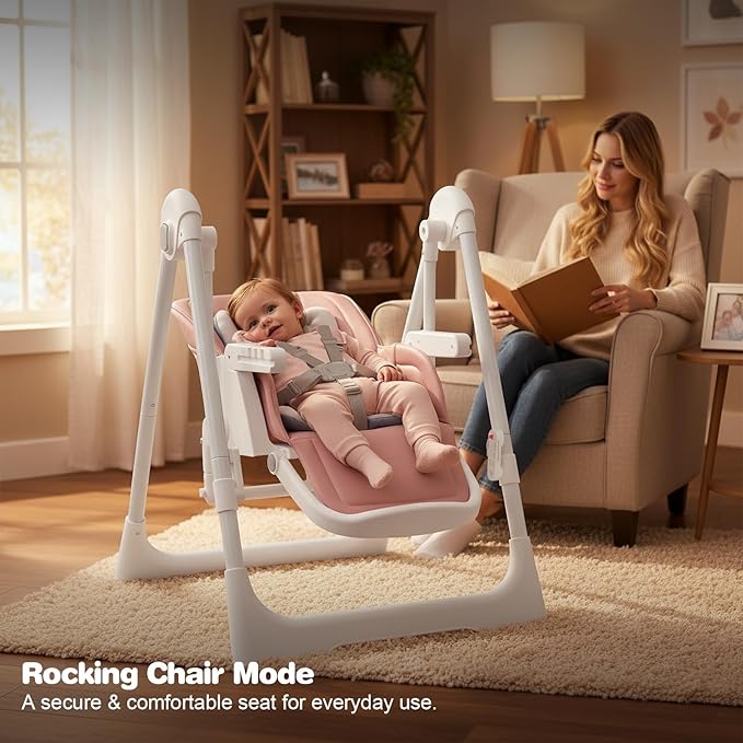 High Chairs for Babies and Toddlers Foldable High Chair Adjustable with Reclining Seat & Leg Rest, 3-in-1 Convertible Baby Rocker with Tool-Free Assembly (Pink)