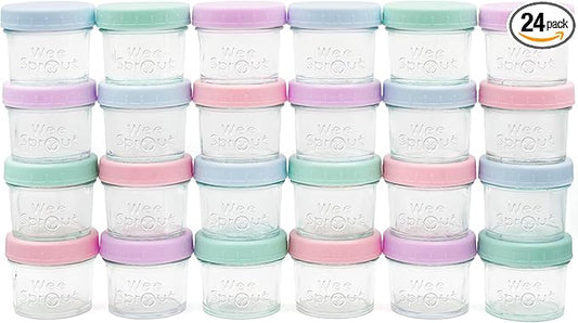 WeeSprout Baby Food Storage Glass Jars w/Lids (4 oz, 24 Pack) Pastel Variety, Snack, Reusable Small Containers, Fridge or Freezer, Microwave & Dishwasher Safe, Essentials for Infants