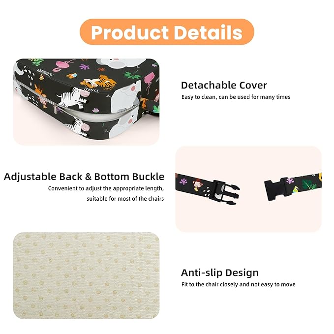 Toddler Booster Seat for Dining Table Kitchen Chair, Kids Booster Seat with Non-Slip Bottom and Adjustable Straps, 4" Detachable Washable Portable Travel Increasing Cushion (Jungle Animals)