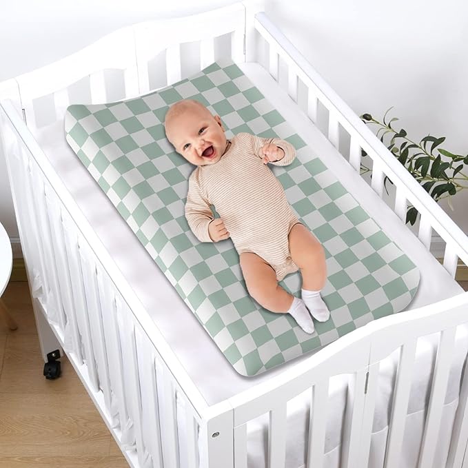 Green Checkered Changing Pad Cover for Baby Girls Boys Cartoon Breathable Diaper Change Table Sheet Soft Stretchy Cute Change Table Mat Cover Fit 32x16