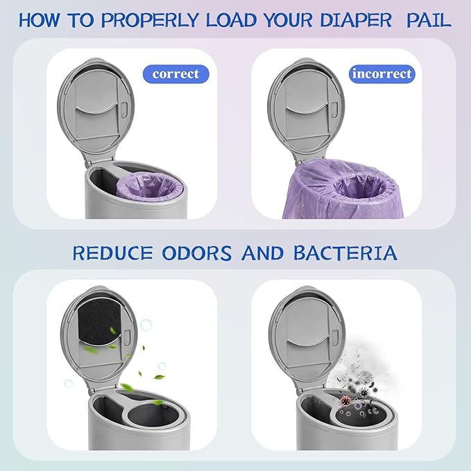 12 Pack Diaper Pail Deodorizer Refill Set Compatible with Ubbi Diaper Pail, 12 Activated Charcoal Filters and 60 Disposable Bags, Odor Absorbing Refills for Baby Nursery Odor Control