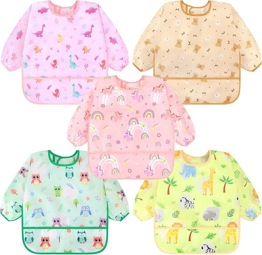 Accmor 5 Pack Long Sleeve Bibs, Baby Smock Waterproof Sleeved Bib Smock for Baby Toddler 6-36 Months