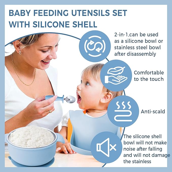 7 Pieces 304 Stainless Steel Baby & Toddler Feeding Set - Suction Divided Plates, Bowls, Silicone & Stainless Spoon Fork,Pocket Bib Unbreakable, Dishwasher Safe Kids Dinnerware Essentials (Blue)