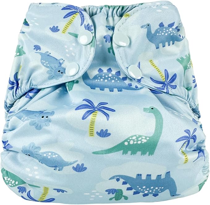BISENKID Waterproof Cloth Diaper Cover Reusable Swim Diaper - Adjustable Outer Shell Over an Absorbent Inner Layer to Prevent Urine Blowouts - Outer Dinosaur, Size 1 (7-17lbs)