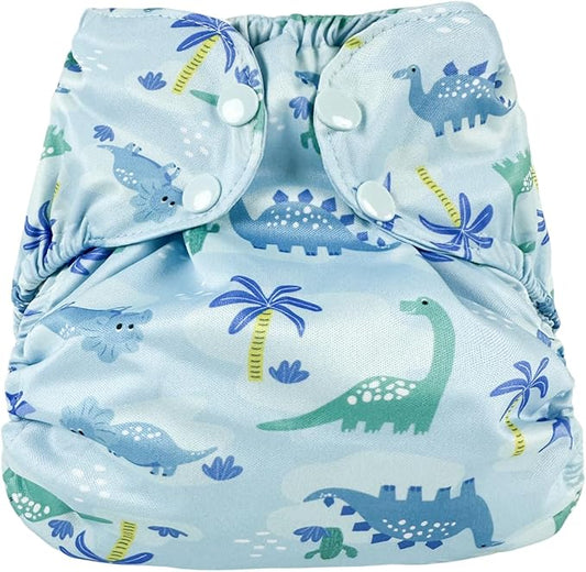 BISENKID Waterproof Cloth Diaper Cover Reusable Swim Diaper - Adjustable Outer Shell Over an Absorbent Inner Layer to Prevent Urine Blowouts - Outer Dinosaur, Size 1 (7-17lbs)
