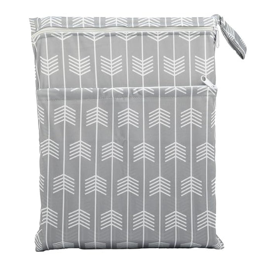 Medium Wet Dry Bag Baby Cloth Diaper Nappy Insert Bag Reusable Washable With Two Zippered Pockets (Grey Arrow)