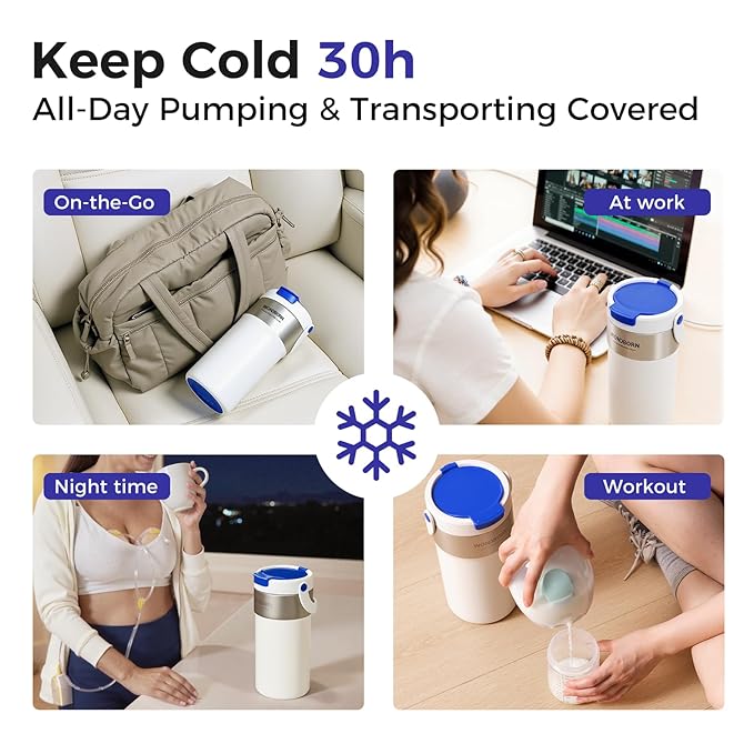 Portable Breast Milk Cooler, 4 Ice Rings, 360°Cooling with Vacuum Lid, Safe Chill for 30H+, 22oz Large Capacity with 2 Bottles, Rapid Chill to 40℉, Extra Wide Opening, Ideal for Work & Travel