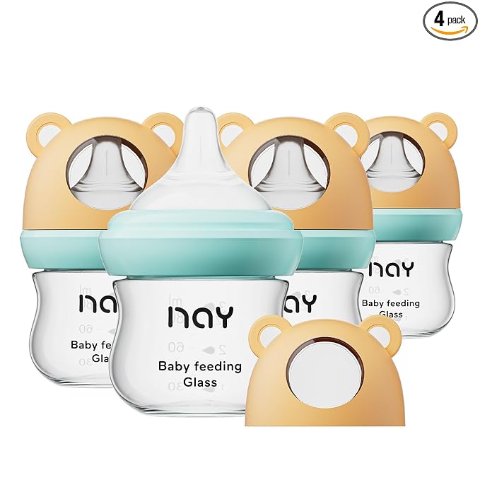 yanyoyo Natural Glass Baby Bottle for Breastfeeding Babies, 3oz Newborn Anti-Colic Baby Bottle with Slow Flow Nipples (SS), Clear, Wide Neck, 4 Pack, 0 Months+