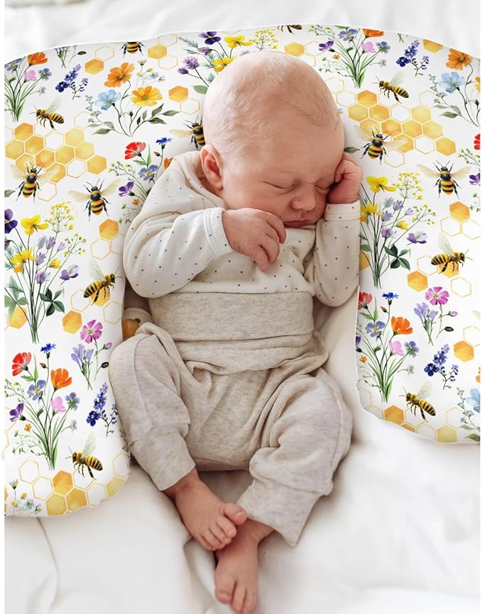 Boho Wildflower Bees Honeycomb Baby Nursing Pillow Covers for Boy Girl Watercolor Honeybee Floral Nursing Slipcovers for Breastfeeding Pillows Summer Soft Stretchy Removable Cover for Newborn Infant