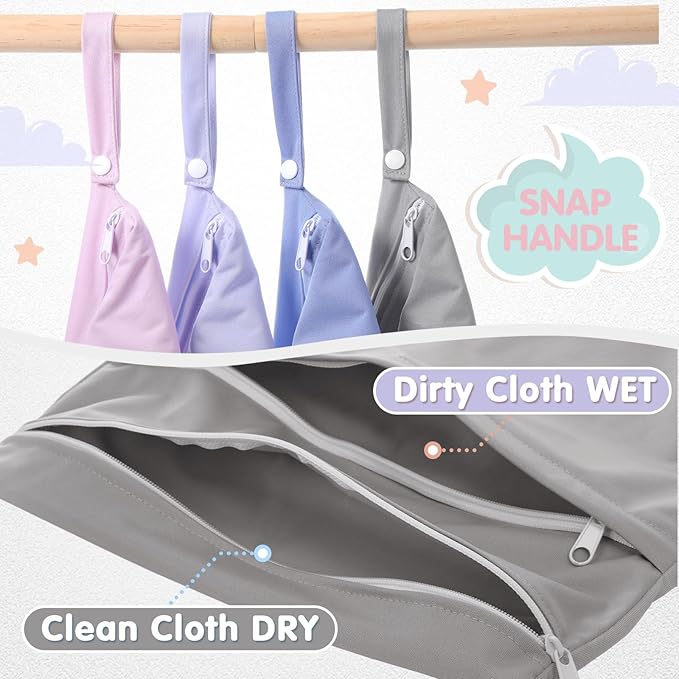 SATINIOR 4 Pack Wet Dry Bags for Baby Cloth Diapers 12x14 Washable Travel Swimsuit Wet Bags Reusable with Two Zippered Pockets for Yoga Gym Swimsuits Travel Beach Pool Soiled Items(Dreamy Colors)