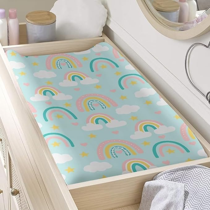 Changing Pad Covers for Boys Girls, Rainbow Diaper Changing Table Pad Cover Soft Breathable Changing Mat Cover for 32''x16" Cute Birthday Gifts for Baby