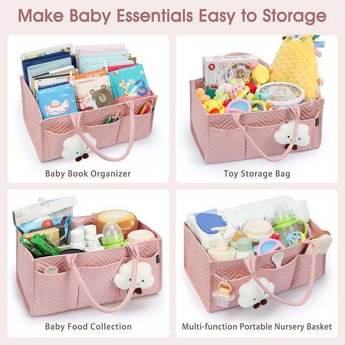 Skycase Large Diaper Caddy Organizer, Baby Organizers and Storage for Newborn Essentials Must Haves, Nursery Storage Basket for Baby Shower Gifts, Baby Registry Search for Boy or Girl - Pink