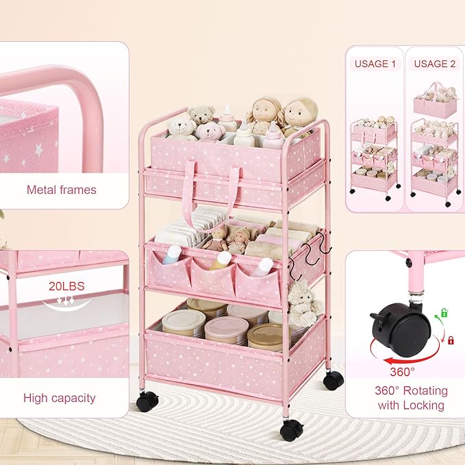 Yookeer 2in1 Baby Diaper Caddy Organizer Cart 3 Tier Large Capacity Metal Utility Bedside Rolling Cart with Divider Newborn Registry Gift Nursery Essential Must Have Bedroom Baby Shower(Pink,Star)