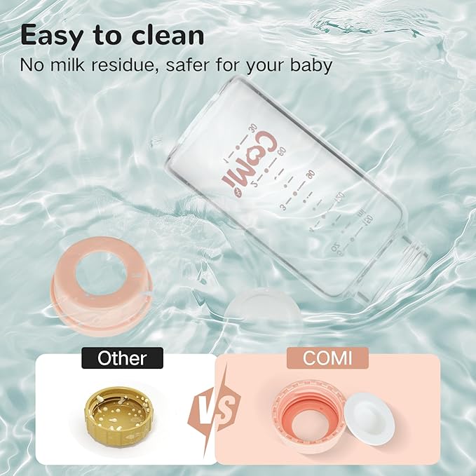 COMI Natural Glass Baby Bottle,Standard Neck Breastmilk Storage Bottle for Fridge,Breast Milk Container,Breast Pump Bottle Compatible with Medela Breast Pump,BPA Free,2PCS (5oz,2 Pink Lids)