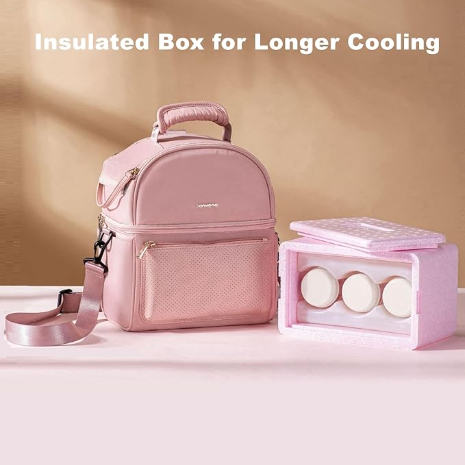 SUNVENO Breast Milk Cooler Bag with Detachable Insulation Box, Double-Layer Pumping Travel Bag for Work & Daycare, Fits Bottles, Ice Packs and Pump Parts,Pink
