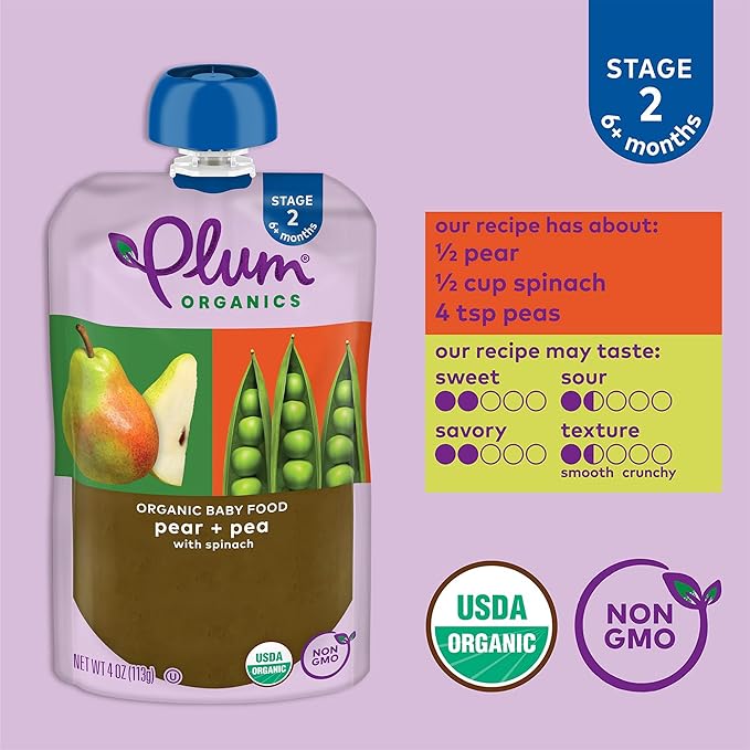 Plum Organics - 6+ Months Organic Baby Food - Pear + Pea & Spinach - Non-GMO - Fruit & Veggie Blends On-The-Go Pouches for Baby & Toddler Meals - Quality Tested Ingredients -4 oz (Pack Of 12)