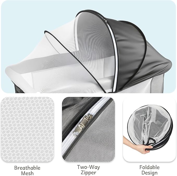 Bassinet Cover Half Blackout, Mosquito Net Cover with 2-Way Zipper, Block Light and Keep Cats Out, Foldable with Storage Bag