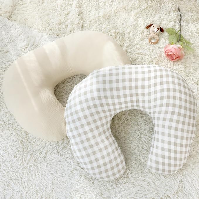 DILIMI Muslin Nursing Pillow Cover 2 Pack, Removable Nursing Cover for Breastfeeding Pillows, Ultra Soft Comfortable Slipcover for Baby Girl and Boy, Beige and Khaki Checkered