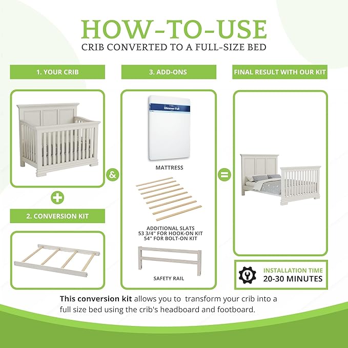 Full-Size Conversion Kit Bed Rails for Oxford, Soho, Ozlo & Avalon Baby Convertible Cribs - Solid Wood - Toddler & Adult Rail for Full-Size Bed - Nursery & Baby Furniture (Antique White, Hook-On Kit)