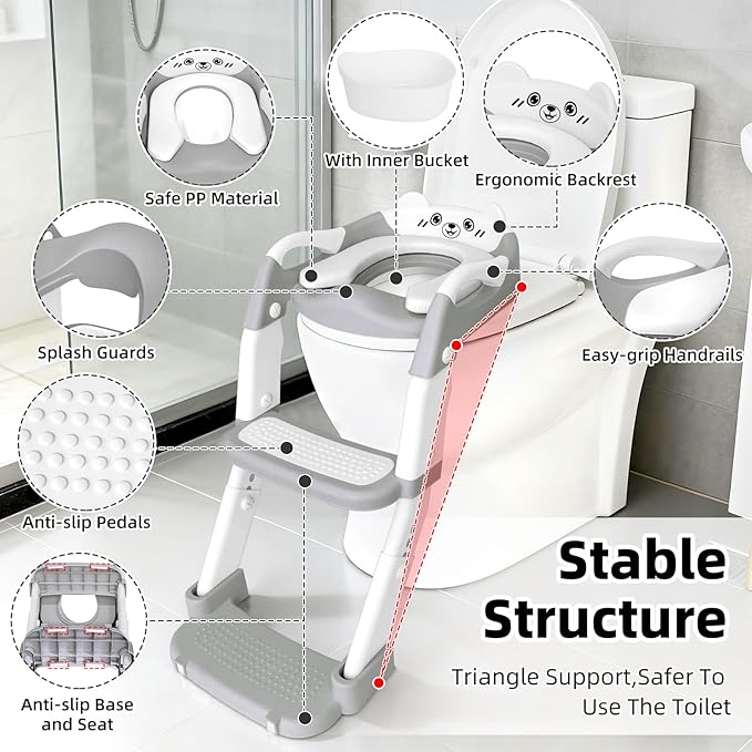 Potty Chair, potty training toilet seat with step stool ladder for Kids and Toddler Boys Girls - Kids Potty Training Soft Padded Seat (Grey+White)