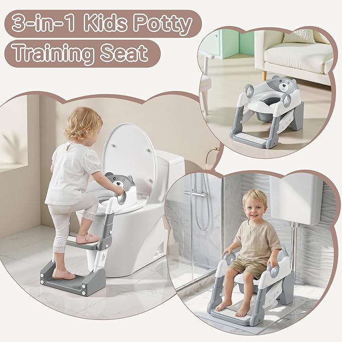 Potty Training Seat,Toddler Toilet Seat for Boys Girls,3-in-1 Potty Training Toilet and Chair with Step Stool Ladder,Anti-Slip Height Adjustable Foldable Splash Guard for Kids (Grey)