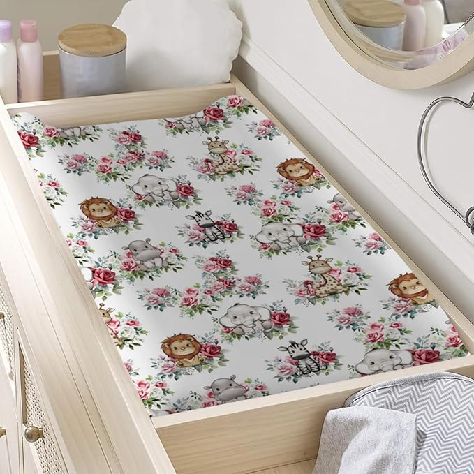 Baby Jungle Safari Animals Boho Floral Changing Pad Covers Elephant Giraffe Zebra Lion Hippo Roses Diaper Change Table Sheets for Girls Boys Soft Stretchy Snug Fitted Changing Mats Cover 32''x16''