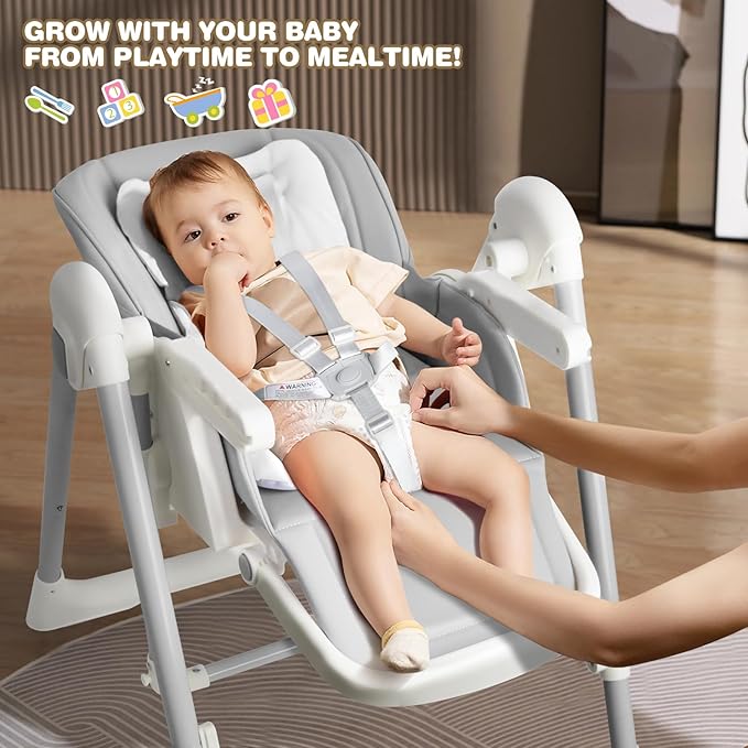 High Chairs for Babies and Toddlers Convert to Baby Rocker Foldable High Chair Adjustable Convertible with Reclining Seat & Leg Rest, 3-in-1 with Tool-Free Assembly (Grey)