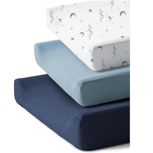 3 Pack Muslin Cotton Changing Pad Covers for Girl, Boy, 100% Soft Changing Table Cover, Breathable Baby Nursery Diaper Chang Pad Sheets (Nightfall Blue)