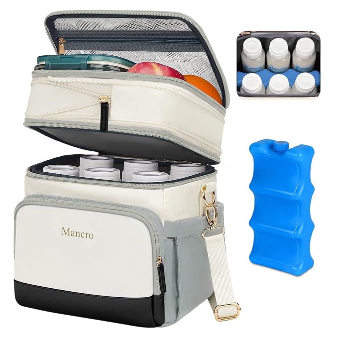Mancro Expandable Breastmilk Cooler Bag with Ice Pack, Fits 6 Bottles Up to 9 Ounce, Portable Breast Pump Bag with Cooler, Bottle Bags for Daycare for Nursing Moms, White and Grey