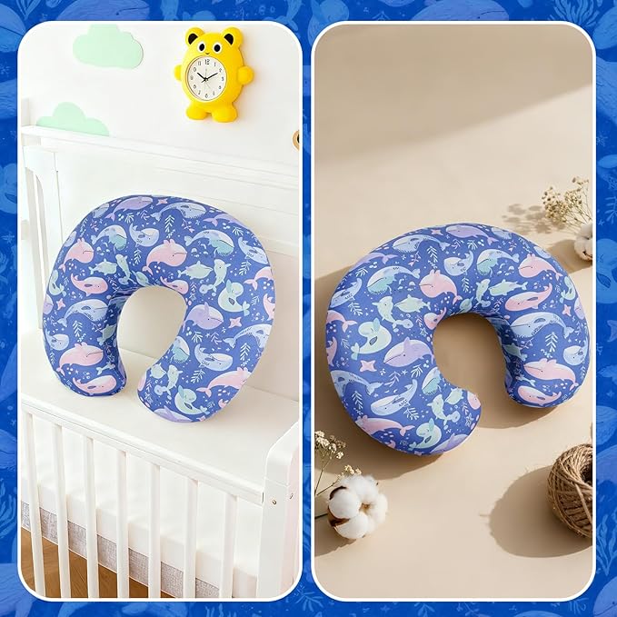 Nursing Pillow Cover, Compatible with Boppy Nursing Pillow Original Size, Breastfeeding Pillow Slipcover for Baby Boys & Girls, Organic Cotton, Machine Washable & Breathable, Blue Whale