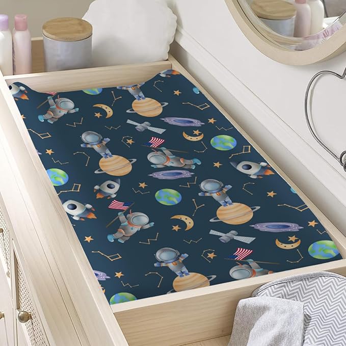 Cartoon Outer Space Galaxy Ship Astronaut Changing Pad Covers Cute Spaceman Moon Stars Changing Table Sheets for Boy Girl Soft Stretchy Snug Fitted Diaper Change Table Pad Covers Mats 32''x16''