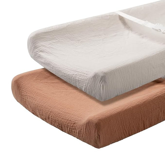 Meracorallo Muslin Changing Pad Cover, 2 Pack 100% Cotton Soft and Comfortable Changing Table Cover for Baby Boys and Girls, Camel & Fog