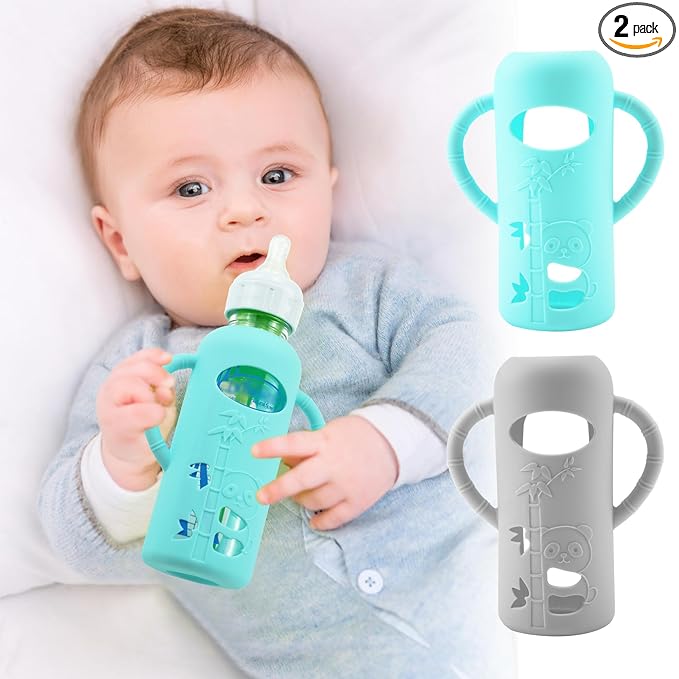 2 Pack Silicone Sleeves for Dr. Brown's Glass Baby Bottles, Anti Breakage Durable Baby Bottle Holder with Easy Grip Handles, Narrow Sleeve with a Cutout, Dishwasher/Freezer/Microwave Safe, 8 oz