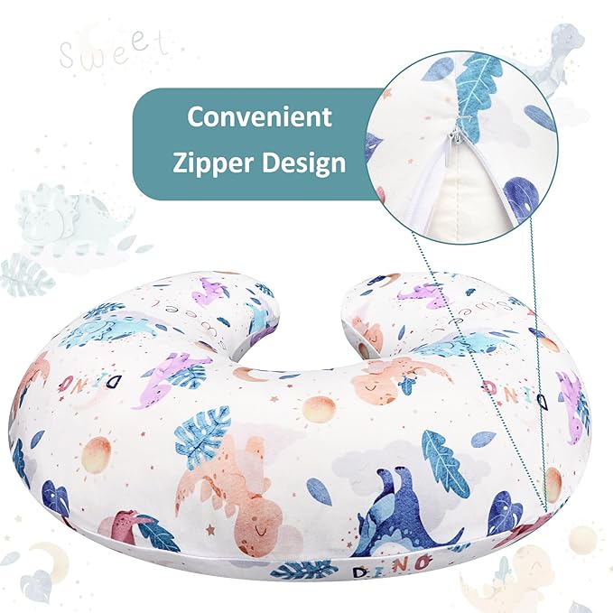 DILIMI Nursing Pillow Cover Stretchy Removable Case for Breastfeeding Pillows, Ultra Soft Comfortable Slipcover for Baby Girl and Boy, Watercolor Dinosaur and Leaves