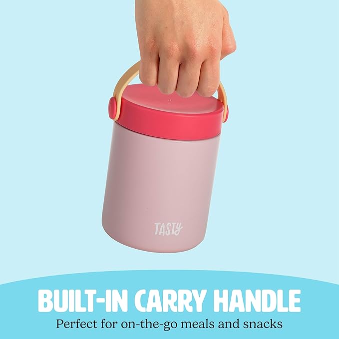 Tasty Food Jar with Folding Handle, Portable Snack Travel or Lunch Container, Stainless Steel Insulated Vacuum with Leak-Proof Lid, Keeps Food Hot or Cold for Hours, 15-Ounce, Pink