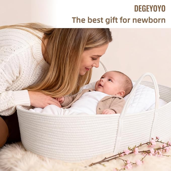 Changing Baskets Set,Moses Basket with Pad and Diaper Caddy,Set of 2 Baskets,Portable Cotton Rope Woven Basket,Replaceable Pad,Gifts for Newborn 28.7" x 15.7" x 7.8"（White）