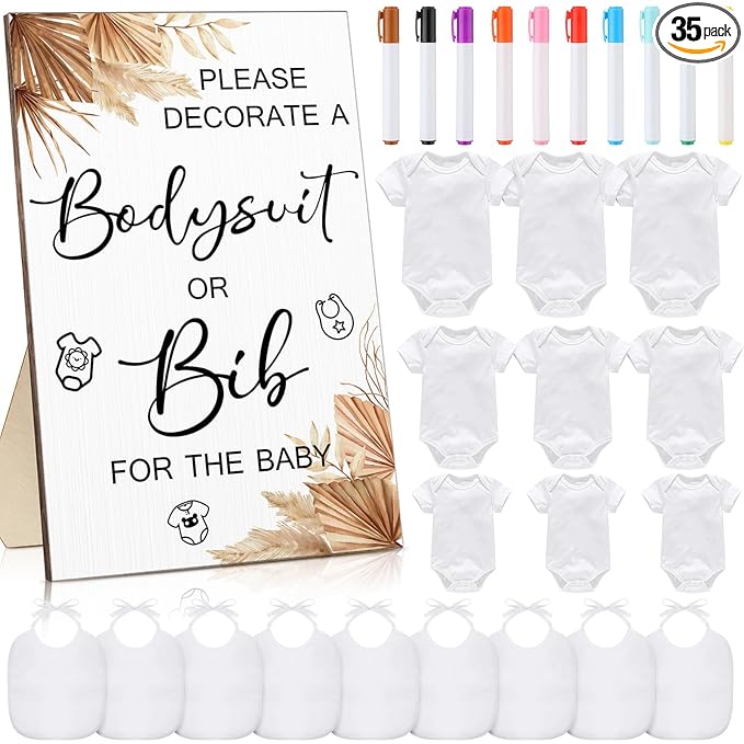 Roowest 35 Pcs Baby Shower Bibs Games Design Wooden Baby Shower Party Game Sign DIY Bodysuit Sign 15 White Blank Bibs 9 Bodysuit 10 Markers for Party Supplies(Boho)