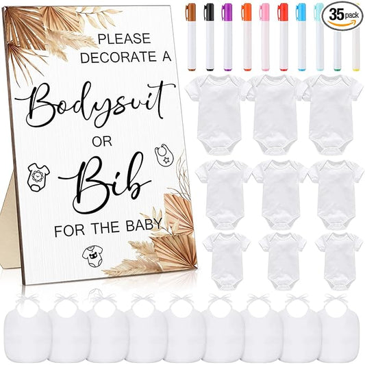 Roowest 35 Pcs Baby Shower Bibs Games Design Wooden Baby Shower Party Game Sign DIY Bodysuit Sign 15 White Blank Bibs 9 Bodysuit 10 Markers for Party Supplies(Boho)