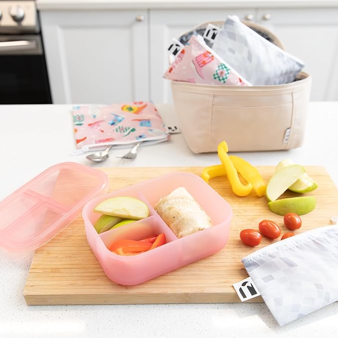 Bumkins Snack Bags and Snack/Lunch Bento Box 3 Compartment Container, Cowgirl Boots and Pink